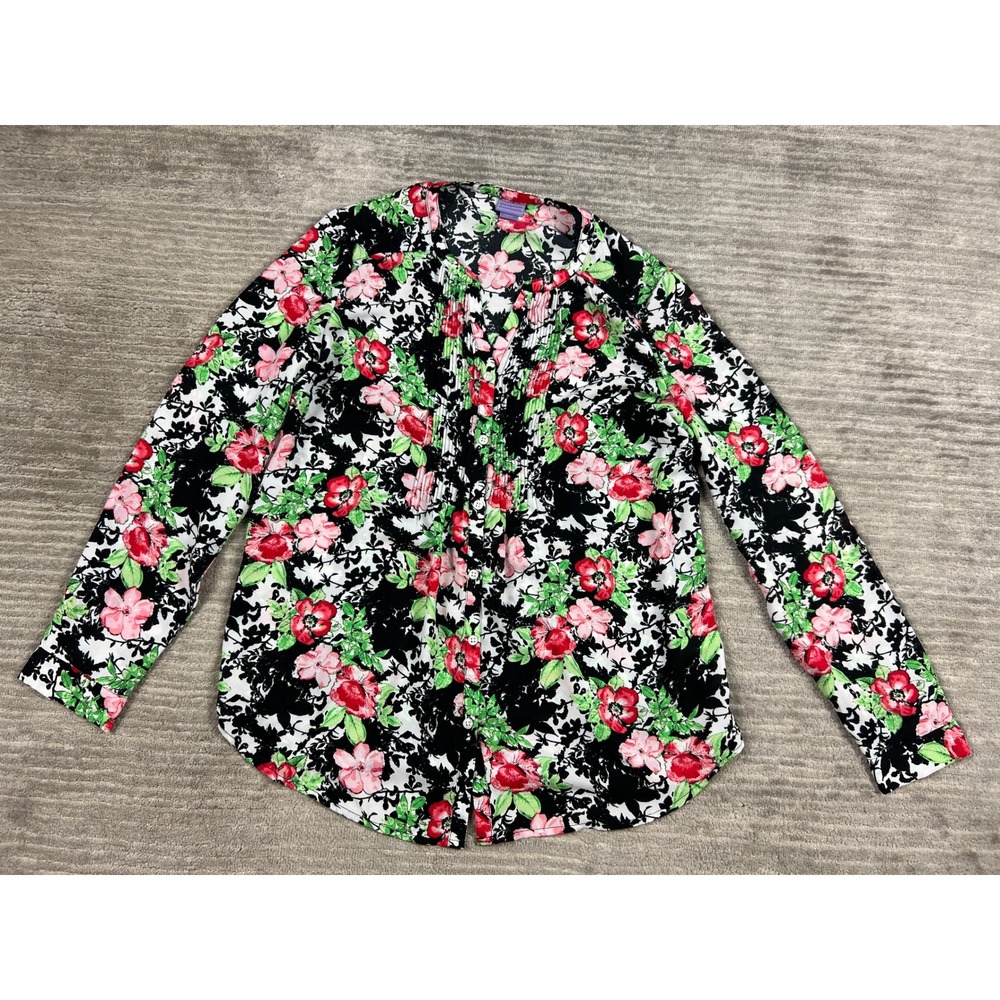 Laura Scott Blouse Womens Med Multicolor Floral Pintuck Button Front Long Sleeve